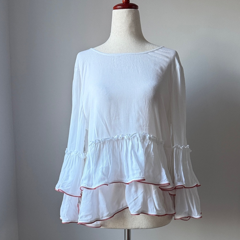 Rebecca Minkoff White Ruffle Tiered Long Sleeve Blouse Boho Casual Top